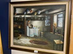 Robert Crisp - A 20th century cottage interior framed oil on canvas 45 x 55 cm