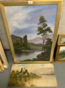 A naive oil on board depicting a Highland lake scene together with a smaller oil on canvas depicting