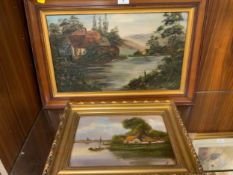 A framed oil on canvas depicting a river scene with a fisherman signed Charnock 1959 together with
