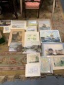 A tray of assorted unframed watercolours prints, oils, etc