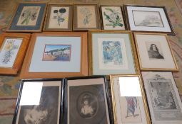 A collection of 14 framed watercolours, engravings, drawings and prints by various artists
