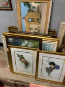 A large collection of assorted pictures to include oil on boards, Russell Flint prints etc…