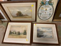 Three framed watercolours and a religious print. (4)