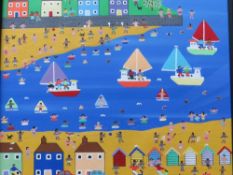 (XXI) GORDON BARKER - A MODERN FRAMED AND GLAZED PAINTING 'Fun Fun At The Beach' 40 x 39.5 cm