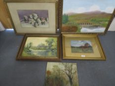 An oil on canvas, oil painting framed and glazed, two oil on board and a watercolor mixed studies (