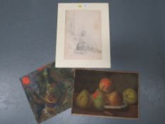 A pencil drawing signed female nude study, together with a mixed media on paper impressionist