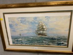 A framed and signed Robin Goodwin limited edition print depicting a sailing Ship 40 x 72 cm