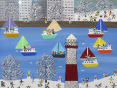 (XXI) GORDON BARKER - A MODERN FRAMED AND GLAZED PAINTING 'Moonlight City' 40 x 39.5 cm