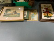 A collection of assorted pictures and prints to include a D May watercolour of a cottage, a pair