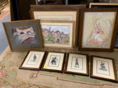 A collection of assorted pictures and prints to include four golfing prints, a Mrs. Rabbit sketch