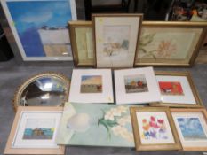 A vintage ornate framed convex mirror, together with an selection of prints etc. (Qty)