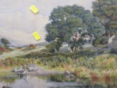 W H Wilkinson, a framed and glazed watercolour of ducks on a riverbank, building s and woodland