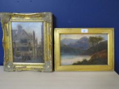 Two gilt framed oils on panel depicting a street scene and a mountainous lake scene (2)