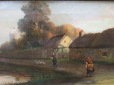 W. Simpson, an oil on canvas of a village scene with farm buildings, two women herding geese,
