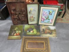 A tray of assorted paintings & prints etc., to include three modern oils on canvas, an Oriental