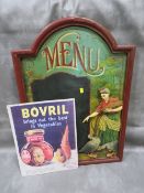A menu advertising board together with a modern tin Bovril sign (2)