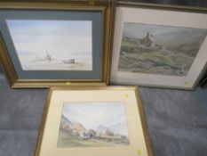 A signed hillside waterolour together with another pastel and a beach scene (3)