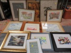 A collection of assorted paintings and prints, to include a pair of seascape watercolours and an oil