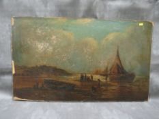 A oil on board of a coastal beach scene with boats and figures