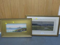 Two gilt framed watercolours depicting a river scene with sheep and another (2)