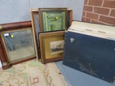 An antique mahogany mirror together with assorted pictures and prints plus a folio of photographs