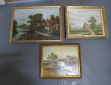 Three gilt framed river and cottage scenes