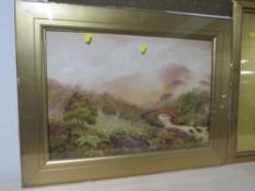 Two gilt framed watercolours depicting a coastal scene and a river scene with a bridge (2)
