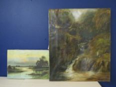 A large unframed oil on canvas depicting a waterfall, plus another oil painting of a river scene (