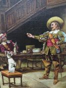 Continental school, an oil on board depicting figures with a dog