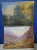 Two unframed oils on canvas depicting a mountain scene and a landscape scene (2)