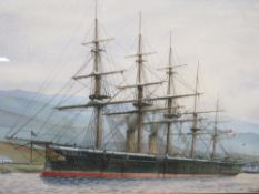 A framed and glazed watercolour depicting 'H.M.S. Minotaur'