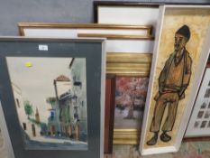 A selection of assorted prints and mixed media pictures, to include Akerman figure, replica famous