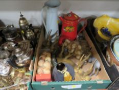 A tray of assorted silver plated ware to include a tray of sundries to include barge ware style