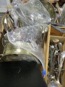 A tray of assorted silver plated ware and cutlery to include a spirit kettle, punch bowl etc