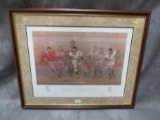 A large framed rugby print titled 'A Call To Arms' with various signatures