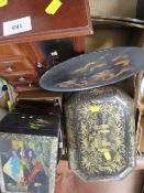 A tray of sundries to include a black lacquer Japanese style box, chess set etc