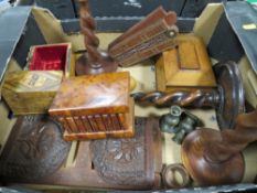 A tray of treen to include a carved wooden book slide