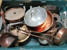 A selection of brass and copper ware to include a copper watering can