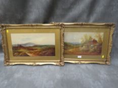 A pair of gilt framed and glazed oil paintings depicting landscape scenes, 25 x 45 cm