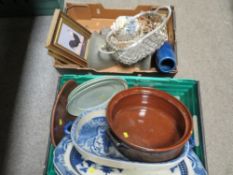 Two trays of ceramics and sundries to include a Trosser Dutch style wall mounted hand operated