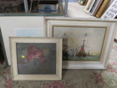 A selection of watercolours, oil on canvas battleship scene and a still life