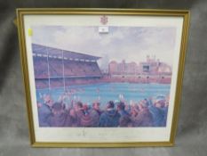 A large framed print of Cardiff Arms Park with various signatures