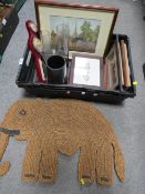 A tray of sundries to include pictures, vases and an elephant shaped doormat