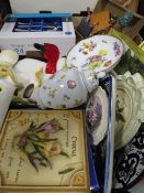 Two trays of assorted modern collectables to include a new boxed set of Viner's cutlery