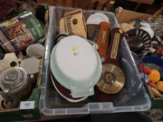 Three trays of assorted china and ceramics to include Portmeirion, barometers etc