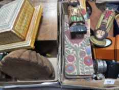 A tray of treen to include a musical cigarette box together with assorted collectables to include