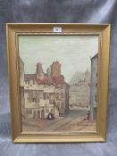 A framed oil on board of a Continental street scene, signed S Coulter