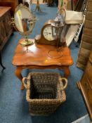 A vintage oak mantel clock, together with a coffee table, brass effect mirror, lamp and wicker bin