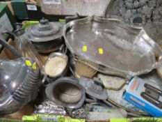 A tray of assorted metal ware etc to include a four piece silver plated coffee service A/F