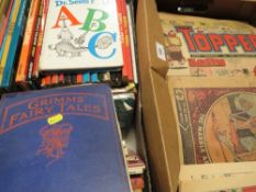 Two trays of assorted children's annuals, comics etc to include Grimms fairy tales illustrated etc